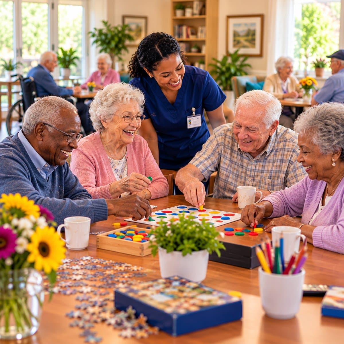 A caregiver and several residents laughing together over a group board game and puzzles at a table.