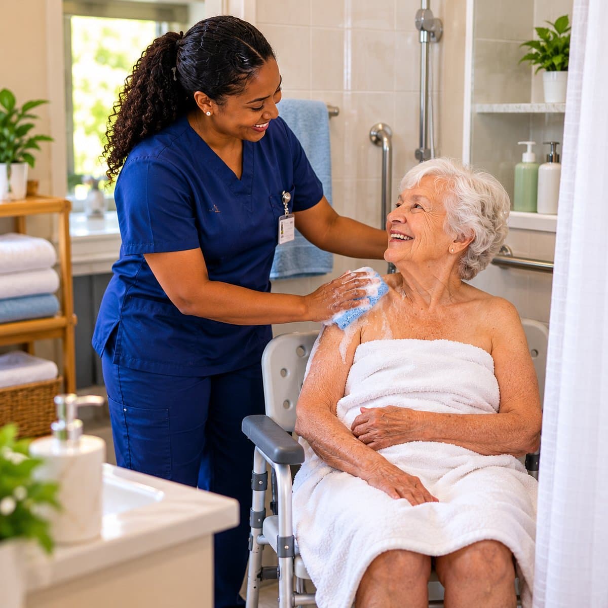A caregiver assists a smiling resident with bathing in an accessible, curtained shower.